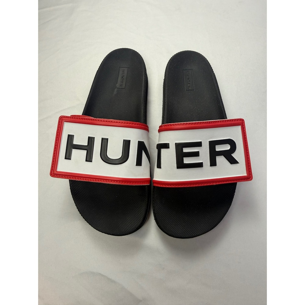 Hunter Adjustable Logo Slide Sandals Black White Red UK 4 US Women 6